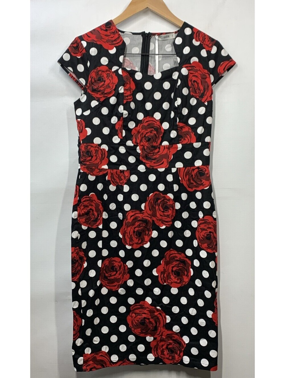 Grace Karin Retro 50s Polka Dots and Roses Pencil Dress Blk /Red/White Medium